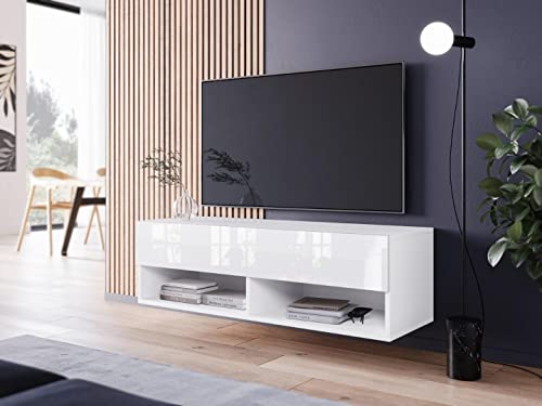 MINIO go for it - Lowboard TV-Schrank I 100x30x33 cm I mit Türen und Offene Nischen I Laminierte Spannplatte I Praktisch und Funktionell I Weiß Matt und Weiß Hochglanz - LED Beleuchtung von MINIO go for it