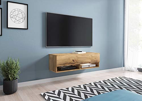 MINIO go for it - Lowboard TV-Schrank I 100x30x33 cm I mit Türen und Offene Nischen I Laminierte Spannplatte I Praktisch und Funktionell I Wotan Eiche - LED Beleuchtung von MINIO go for it