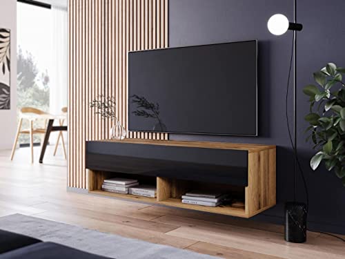 MINIO go for it - Lowboard TV-Schrank I 100x30x33 cm I mit Türen und Offene Nischen I Laminierte Spannplatte I Praktisch und Funktionell I Wotan Eiche und Schwarz Hochglanz von MINIO go for it