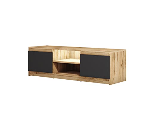 MINIO go for it - TV-Schrank Dingo I Lowboard für Fernseher I TV-Kommode I TV lowboard stehend I 120cm I mit 2 Klapptüren & 2 offenen Fächern I TV Möbel I Wotan Eiche und Schwarz Graphit - mit LED von MINIO go for it