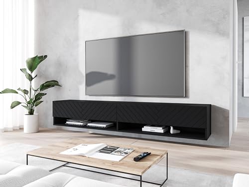 MINIO go for it - Lowboard TV-Schrank I 180x30x33 cm I mit Türen und Offene Nischen I Laminierte Spannplatte I Praktisch und Funktionell I Graphit Schwarz/Herringbone Muster - LED Beleuchtung von MINIO go for it