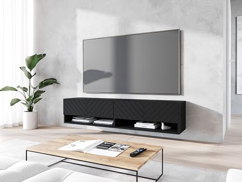 MINIO go for it - Lowboard TV-Schrank I 140x30x33 cm I mit Türen und Offene Nischen I Laminierte Spannplatte I Praktisch und Funktionell I Graphit Schwarz/Herringbone Muster - ohne Beleuchtung von MINIO go for it