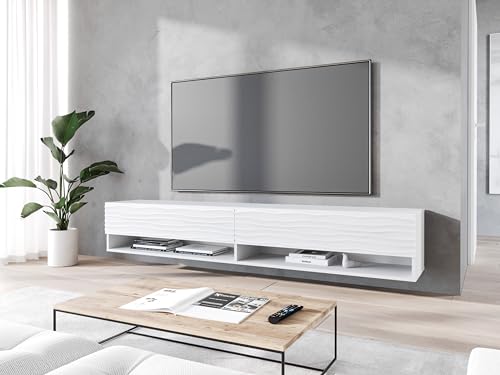 MINIO go for it - Lowboard TV-Schrank I 180x30x33 cm I mit Türen und Offene Nischen I Laminierte Spannplatte I Praktisch und Funktionell I Weiß/Welle Muster - LED Beleuchtung von MINIO go for it