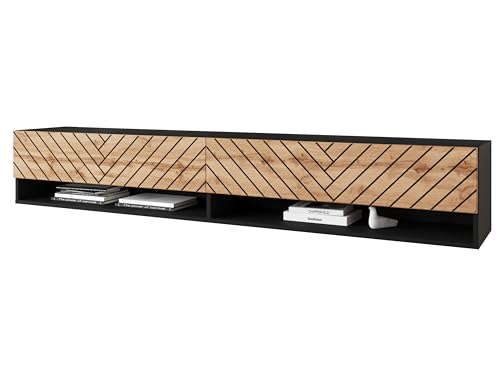 MINIO go for it - Lowboard TV-Schrank I 180x30x33 cm I mit Türen und Offene Nischen I Laminierte Spannplatte I Praktisch und Funktionell I Graphit Schwarz/Front Wotan Eiche von MINIO go for it