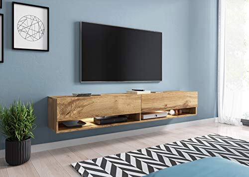 MINIO go for it - Lowboard TV-Schrank I 180x30x33 cm I mit Türen und Offene Nischen I Laminierte Spannplatte I Praktisch und Funktionell I Wotan Eiche - LED Beleuchtung von MINIO go for it