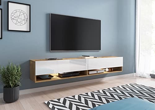 MINIO go for it - Lowboard TV-Schrank I 180x30x33 cm I mit Türen und Offene Nischen I Laminierte Spannplatte I Praktisch und Funktionell I Wotan Eiche und Weiß Hochglanz - LED Beleuchtung von MINIO go for it