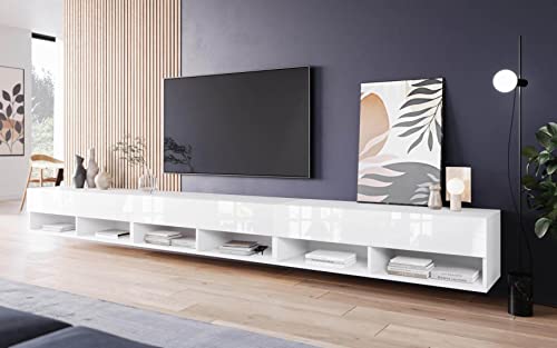 MINIO go for it - Lowboard TV-Schrank I 300x30x33 cm I mit Türen und Offene Nischen I Laminierte Spannplatte I Praktisch und Funktionell I Weiß Matt und Weiß Hochglanz - LED Beleuchtung von MINIO go for it