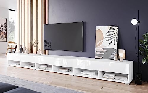 MINIO go for it - Lowboard TV-Schrank I 300x30x33 cm I mit Türen und Offene Nischen I Laminierte Spannplatte I Praktisch und Funktionell I Weiß Matt und Weiß Hochglanz von MINIO go for it