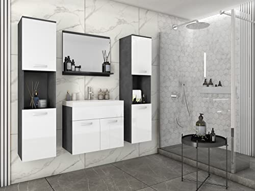 MINIO go for it - MONAL1 - Badmöbel 4-Teilig Set I 2X Hängeschrank I Spiegel mit Regal I Schrank mit Waschbecken I Laminierte Spannplatte I Griffe aus Metall I Matera Weiß Hochglanz von MINIO go for it
