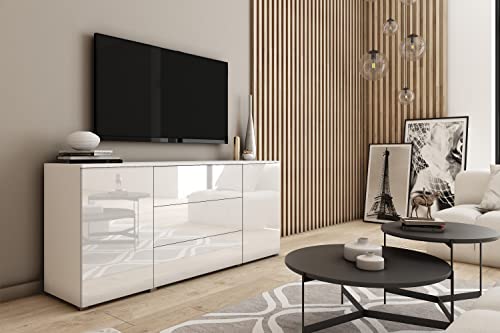 MINIO go for it - Kommode mit Schubladen Parma, 150cm Breit, Sideboard Wohnzimmer Möbel, Push to Open Schubladenschrank - Weiß/Weiß Hochglanz von MINIO go for it