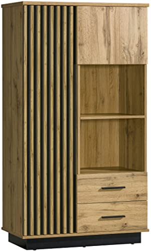 MINIO go for it - Hochregal Lamia, 90x159.2x40 cm, Bücherregal mit Tür, Fächern und Schubladen, Hochschrank mit MDF-Latten, Wohnzimmer, Farbe: Wotan Eiche/Schwarz Matt von MINIO go for it