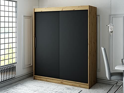 LETO - Kleiderschrank ohne spiegel, 180 cm Breite, 2 Stangen und Einlegeböden, Garderobenschrank aus Laminierter Platte, Garderobe Ideal für Schlafzimmer, Farbe Artisan Eiche und Schwarz Matt von MINIO go for it