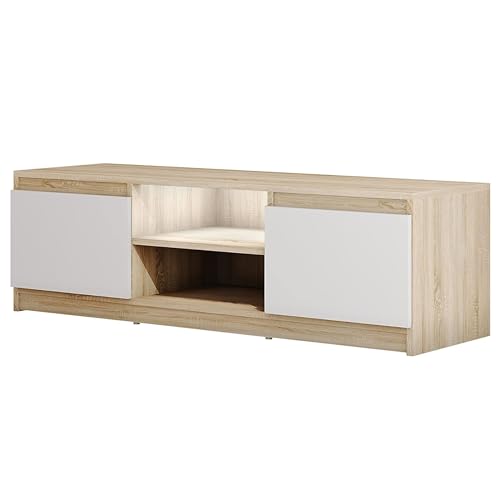 MINIO go for it - TV-Schrank Dingo I Lowboard für Fernseher I TV-Kommode I TV lowboard stehend I 120cm I mit 2 Klapptüren & 2 offenen Fächern I TV Möbel I Sonoma-Eiche und Weiß - Lowboard mit LED von MINIO go for it