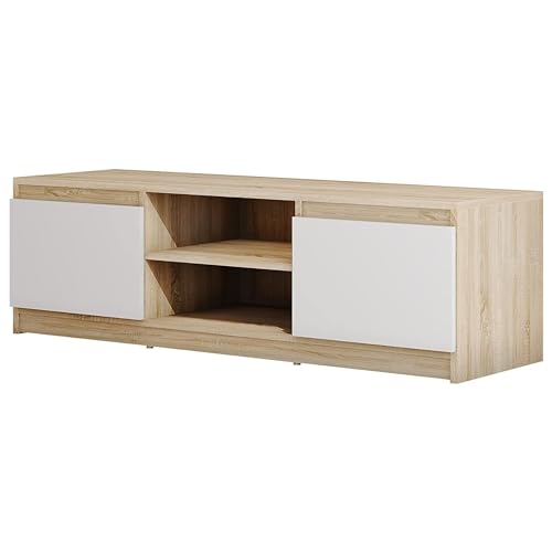 MINIO go for it - TV-Schrank Dingo I Lowboard für Fernseher I TV-Kommode I TV lowboard stehend I 120cm I mit 2 Klapptüren & 2 offenen Fächern I TV Möbel I Sonoma-Eiche und Weiß von MINIO go for it