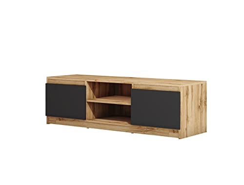 MINIO go for it - TV-Schrank Dingo I Lowboard für Fernseher I TV-Kommode I TV lowboard stehend I 120cm I mit 2 Klapptüren & 2 offenen Fächern I TV Möbel I Wotan Eiche und Schwarz Graphit von MINIO go for it