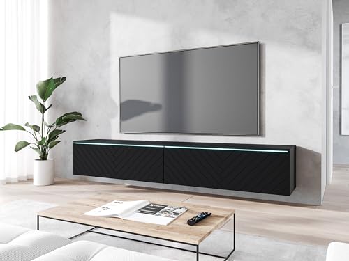 MINIO go for it TV Schrank Donna, Breite 180 cm, TV Lowboard, Stehend oder Hängend, Fernsehschrank für das Wohnzimmer, Laminierte Spannplatte, Graphit Schwarz/Herringbone Muster - LED Beleuchtung von MINIO go for it