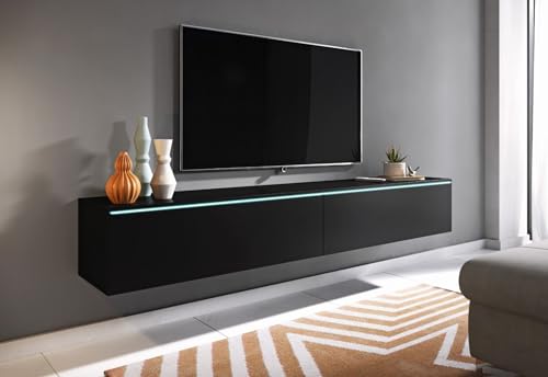 MINIO go for it TV Schrank Donna, Breite 180 cm, TV Lowboard, Stehend oder Hängend, Fernsehschrank für das Wohnzimmer, Laminierte Spannplatte, Moderner Stil, Graphit Schwarz - LED Beleuchtung von MINIO go for it