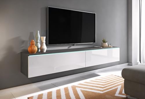 TV Schrank Donna, Breite 180 cm, TV Lowboard, Stehend oder Hängend, Fernsehschrank für das Wohnzimmer, Laminierte Spannplatte, Moderner Stil, Matera/Weiss Hochglanz - LED Beleuchtung von MINIO go for it