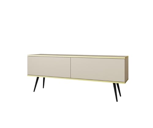 MINIO go for it - TV-Schrank ORO 135 cm, Lowboard, Hängend oder stehend, mit schwarzen Beinen, goldfarbener Rand, Schichtstoffplatte, Farbe: Beige matt von MINIO go for it