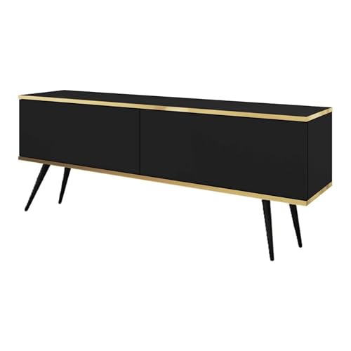 MINIO go for it - TV-Schrank ORO 135 cm, Lowboard, Hängend oder stehend, mit schwarzen Beinen, goldfarbener Rand, Schichtstoffplatte, Farbe: Schwarz matt von MINIO go for it