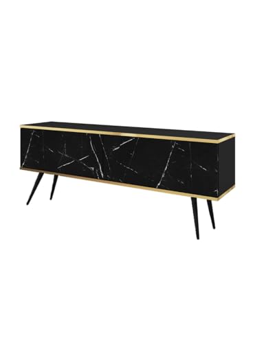 MINIO go for it - TV-Schrank ORO 135 cm, Lowboard, Hängend oder stehend, mit schwarzen Beinen, goldfarbener Rand, Schichtstoffplatte, Farbe: schwarzer Marmor von MINIO go for it