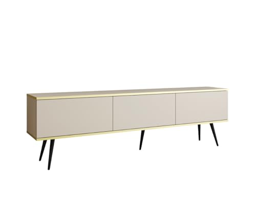 MINIO go for it - TV-Schrank ORO 175 cm, Lowboard, Hängend oder stehend, mit schwarzen Beinen, goldfarbener Rand, Schichtstoffplatte, Farbe: Beige matt von MINIO go for it