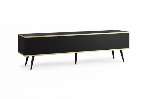 MINIO go for it - TV-Schrank ORO 175 cm, Lowboard, Hängend oder stehend, mit schwarzen Beinen, goldfarbener Rand, Schichtstoffplatte, Farbe: Schwarz matt von MINIO go for it