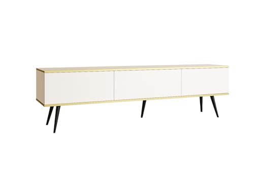 MINIO go for it - TV-Schrank ORO 175 cm, Lowboard, Hängend oder stehend, mit schwarzen Beinen, goldfarbener Rand, Schichtstoffplatte, Farbe: Weiß matt von MINIO go for it