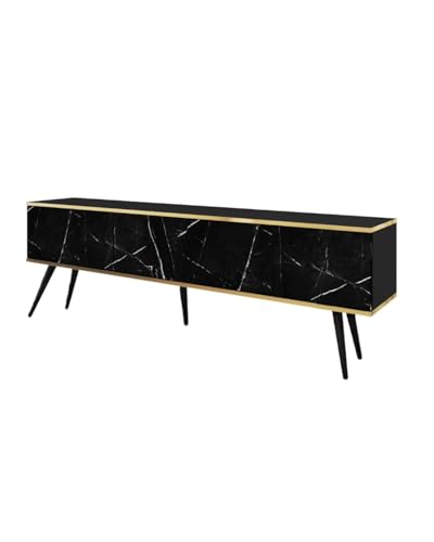 MINIO go for it - TV-Schrank ORO 175 cm, Lowboard, Hängend oder stehend, mit schwarzen Beinen, goldfarbener Rand, Schichtstoffplatte, Farbe: schwarzer Marmor von MINIO go for it