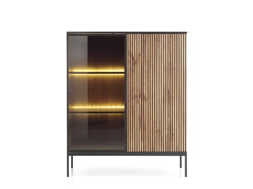 MINIO go for it - Vitrine 126 cm mit LED Sienna, Glasvitrine mit 2 Türen (1 verglast), Vitrine Glas mit 4 Regale, Glasvitrine Stehend, Vitrinenschrank mit 6 Nischen - Schwarz Graphit/Wotan Eiche von MINIO go for it