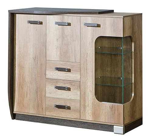 MINIO go for it - Vitrine 130 cm Romeo Links, Glasvitrine mit 2 Türen, Vitrine Glas mit 4 Einlegeböden, Glas Vitrine mit 3 Schubladen, Vitrinenschrank mit 1 Klappe, Möbel Set -Arusha/Canyon Eiche von MINIO go for it