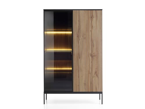 MINIO go for it - Vitrine 166 cm mit LED, Glasvitrine mit 2 Türen (1verglast), mit 6 Regale, Glasvitrine Stehend mit 1 Schublade, Vitrinenschrank mit 8 Nischen - Schwarz Graphit/Wotan Eiche von MINIO go for it