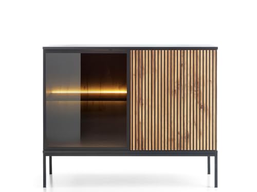 MINIO go for it - Vitrine 83 cm mit LED Sienna, Glasvitrine mit 2 Türen (1 verglast), Vitrine Glas mit 2 Regale, Glasvitrine Stehend, Vitrinenschrank mit 4 Nischen - Schwarz Graphit/Wotan Eiche von MINIO go for it
