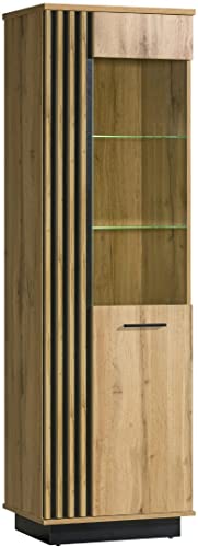 MINIO go for it - hohe Vitrine Lamia, 60 cm Breit, Glasvitrine, Glaseinsätzen, Highboard mit Latten, Wohnzimmer Esszimmer, Vitrinenschrank, Schmutz und Abriebfesten, Wotan Eiche/Schwarz Matt von MINIO go for it