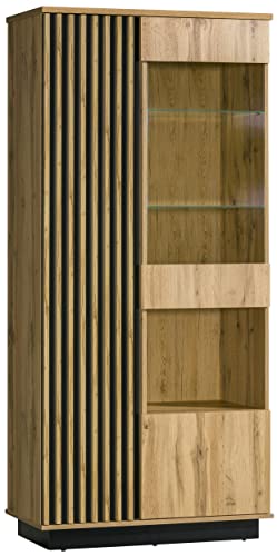 MINIO go for it - Vitrinenschrank Lamia, 90 cm Breit, Vitrine Glass, Wohnzimmer Highboard mit Latten, Bücherregal mit Türen und Glaseinsätzen, Schmutz und Abriebfesten, Wotan Eiche/Schwarz Matt von MINIO go for it