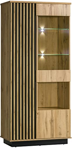 MINIO go for it - Lamia 3 Vitrinenschrank mit LED-Beleuchtung 90cm Breit, Vitrine Glass, Bücherregal mit Türen und Glaseinsätzen, Highboard für Wohnzimmer Schlafzimmer, Farbe Wotan Eiche/Schwarz Matt von MINIO go for it