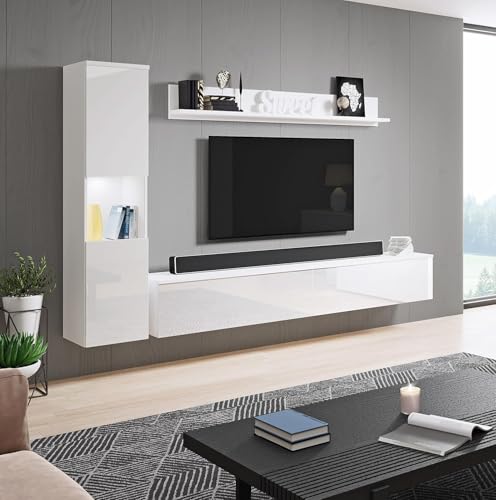 MINIO go for it - Wohnwand 3-Teilig Set Parma I Hängend oder Stehend I Highboard I Lowboard I Wandboard I Laminierte Spannplatte I Weiß und Weiß Gloss - LED Beleuchtung MINIO go for it - Wohnwand 3-Teilig Set Parma I Hängend oder Stehend I Highboard I Lowboard I Wandboard I Laminierte Spannplatte I Weiß und Weiß Gloss - LED Beleuchtung von MINIO go for it