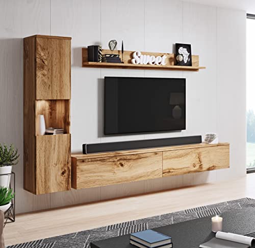 MINIO go for it - Wohnwand 3-Teilig Set Parma I Hängend oder Stehend I Highboard I Lowboard I Wandboard I Laminierte Spannplatte I Wotan Eiche - LED Beleuchtung von MINIO go for it