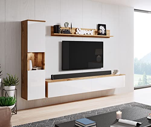 MINIO go for it - Wohnwand 3-Teilig Set Parma I Hängend oder Stehend I Highboard I Lowboard I Wandboard I Laminierte Spannplatte I Wotan Eiche und Weiß Gloss - LED Beleuchtung von MINIO go for it