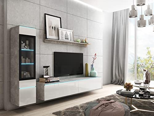 MINIO go for it - Wohnwand 3-Teilig Set Veve 1 I Hängend oder Stehend I Hochschrank-Vitrine I Lowboard I Wandboard I Laminierte Spannplatte I Beton und Weiß Gloss - LED Beleuchtung MINIO go for it - Wohnwand 3-Teilig Set Veve 1 I Hängend oder Stehend I Hochschrank-Vitrine I Lowboard I Wandboard I Laminierte Spannplatte I Beton und Weiß Gloss - LED Beleuchtung von MINIO go for it