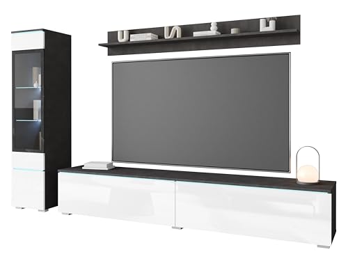 MINIO go for it - Wohnwand 3-Teilig Set Veve 1 I Hängend oder Stehend I Hochschrank-Vitrine I Lowboard I Wandboard I Laminierte Spannplatte I Matera/Weiß Hochglanz - ohne Beleuchtung von MINIO go for it