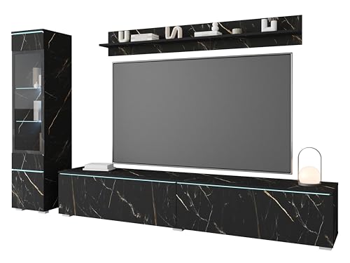 MINIO go for it - Wohnwand 3-Teilig Set Veve 1 I Hängend oder Stehend I Hochschrank-Vitrine I Lowboard I Wandboard I Laminierte Spannplatte I San Sebastian/San Sebastian - LED Beleuchtung von MINIO go for it