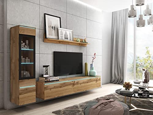 MINIO go for it - Wohnwand 3-Teilig Set Veve 1 I Hängend oder Stehend I Hochschrank-Vitrine I Lowboard I Wandboard I Laminierte Spannplatte I Wotan Eiche - LED Beleuchtung MINIO go for it - Wohnwand 3-Teilig Set Veve 1 I Hängend oder Stehend I Hochschrank-Vitrine I Lowboard I Wandboard I Laminierte Spannplatte I Wotan Eiche - LED Beleuchtung von MINIO go for it
