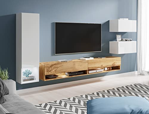 MINIO go for it - Wohnwand 4-Teilig Set Amy, Wandschrank Hängend, Laminierte Spannplatte, Farbe: Wotan Eiche/Weiß glänzend - mit LED Beleuchtung MINIO go for it - Wohnwand 4-Teilig Set Amy, Wandschrank Hängend, Laminierte Spannplatte, Farbe: Wotan Eiche/Weiß glänzend - mit LED Beleuchtung von MINIO go for it
