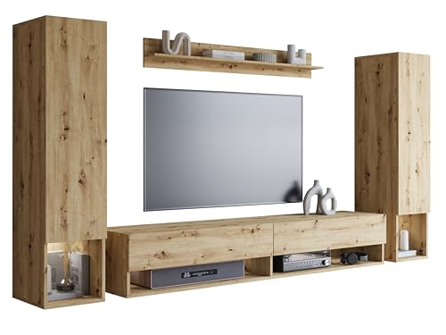 MINIO go for it - Wohnwand 4-Teilig Set Amy 2, Hängend, Laminierte Spannplatte, Farbe: Artisan Eiche, ohne LED Beleuchtung von MINIO go for it
