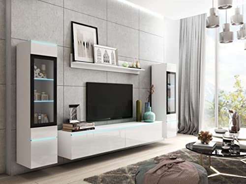 MINIO go for it - Wohnwand 4-Teilig Set Veve 2 I Hängend oder Stehend I 2X Hochschrank-Vitrine I Lowboard I Wandboard I Laminierte Spannplatte I Weiß und Weiß Gloss - LED Beleuchtung MINIO go for it - Wohnwand 4-Teilig Set Veve 2 I Hängend oder Stehend I 2X Hochschrank-Vitrine I Lowboard I Wandboard I Laminierte Spannplatte I Weiß und Weiß Gloss - LED Beleuchtung von MINIO go for it