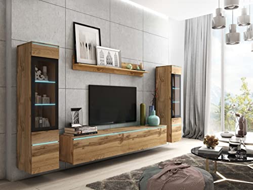 MINIO go for it - Wohnwand 4-Teilig Set Veve 2 I Hängend oder Stehend I 2X Hochschrank-Vitrine I Lowboard I Wandboard I Laminierte Spannplatte I Wotan Eiche - LED Beleuchtung MINIO go for it - Wohnwand 4-Teilig Set Veve 2 I Hängend oder Stehend I 2X Hochschrank-Vitrine I Lowboard I Wandboard I Laminierte Spannplatte I Wotan Eiche - LED Beleuchtung von MINIO go for it