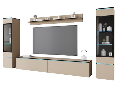 MINIO go for it - Wohnwand 4-Teilig Set Veve 2 I Hängend oder Stehend I 2X Hochschrank-Vitrine I Lowboard Wandboard I Laminierte Spannplatte I Congo und Schwarz Graphit - LED Beleuchtung von MINIO go for it