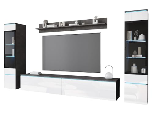 MINIO go for it - Wohnwand 4-Teilig Set Veve 2 I Hängend oder Stehend I 2X Hochschrank-Vitrine I Lowboard Wandboard I Laminierte Spannplatte I Matera und Weiss Hochglanz - LED Beleuchtung von MINIO go for it