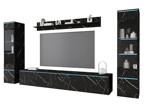 MINIO go for it - Wohnwand 4-Teilig Set Veve 2 I Hängend oder Stehend I 2X Hochschrank-Vitrine I Lowboard Wandboard I Laminierte Spannplatte I San Sebastian - LED Beleuchtung von MINIO go for it